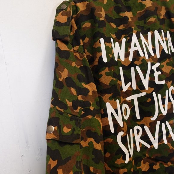 Army Green Camo Canvas Military Mens Jacket 2XL Chore Wanna Live Survive Weallin - Picture 10 of 11